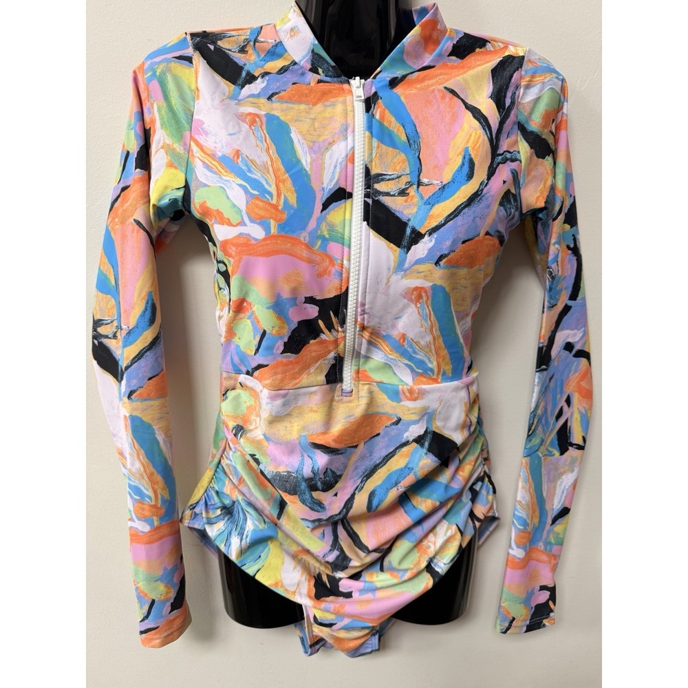 Axesea Swimsuit Womens 8 Rash Guard UPF50+ Long Sleeve One Piece Ruched Zip New